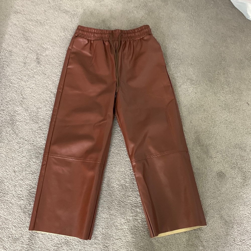 Small cropped wide leg brown faux leather pants